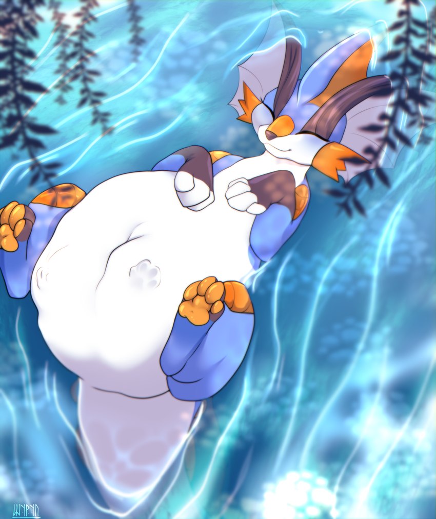 abdominal_bulge belly big_belly bloated blue_body bodily_fluids branch eyes_closed feral flower fully_inside happy huge_belly lying male nude on_back outside partially_submerged pawpads paws plant presenting presenting_belly river smile solo spread_legs spreading tail unseen_prey vore water white_body yellow_pawpads shyryp nintendo pokemon skipper_(m4gg0t) eeveelution generation_1_pokemon generation_3_pokemon hybrid mega_evolution pokemon_(species) swampert vaporeon absurd_res digital_media_(artwork) hi_res