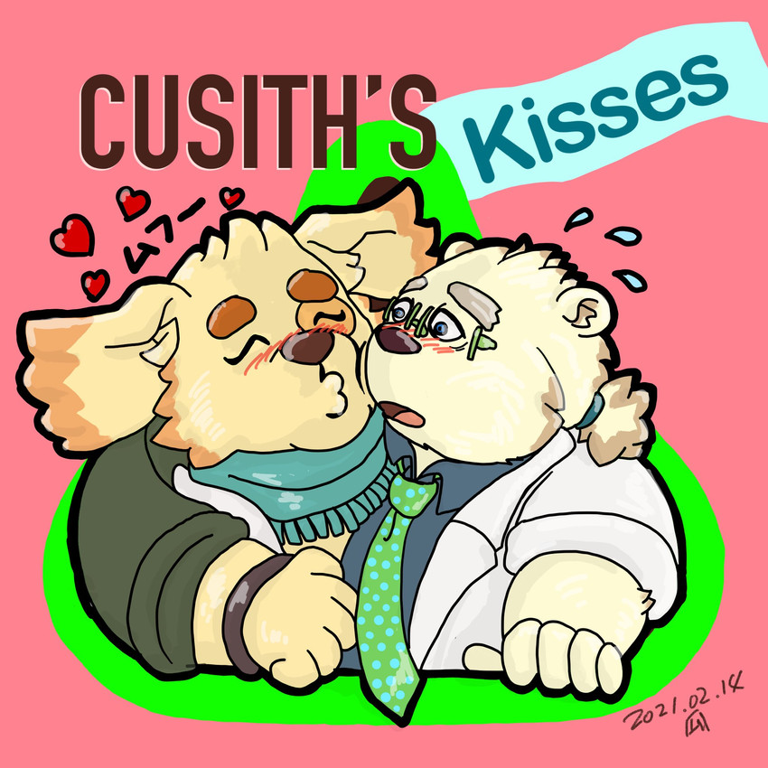 anthro blush clothing duo eyes_closed eyewear glasses heart_symbol kemono male male/male necktie overweight overweight_male scarf shirt simple_background text topwear nigauritaruto lifewonders tokyo_afterschool_summoners cu_sith_(tas) leib_(tas) bear canid canine canis domestic_dog mammal polar_bear ursine 1:1 2021 english_text hi_res japanese_text