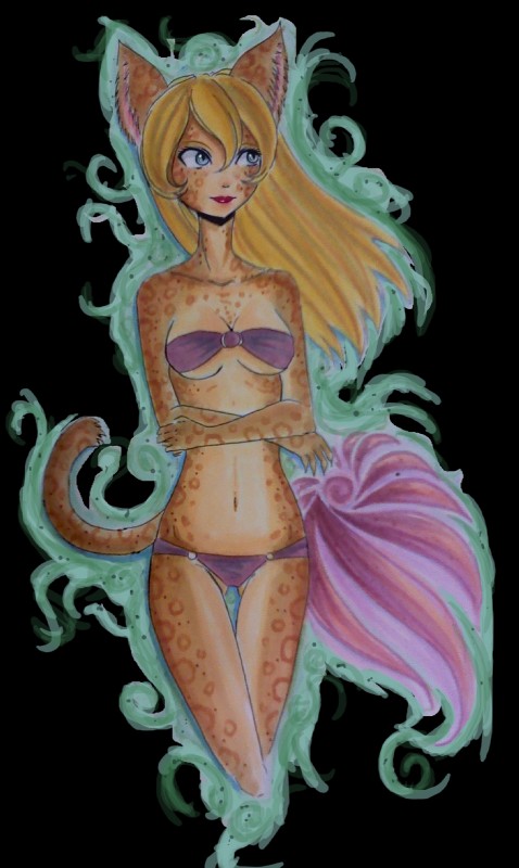 anthro bikini blonde_hair bra breasts brown_body brown_fur clothed clothing female fur green_eyes hair magic navel raised_tail simple_background skimpy solo spots swimwear tail transparent_background two-piece_swimsuit underwear white_body white_fur raptor007 lalee felid mammal 2012 alpha_channel digital_media_(artwork) hi_res marker_(artwork) mixed_media traditional_media_(artwork)