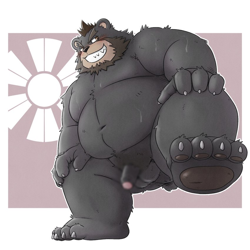 anthro balls beard belly big_belly black_body blush bodily_fluids facial_hair foreskin genitals humanoid_genitalia humanoid_hands humanoid_penis kemono male moobs overweight overweight_male penis solo sweat mind_drive mizuse_higomaru sengoku_puzzle bear black_bear mammal ursine 1:1 2022 censored hi_res