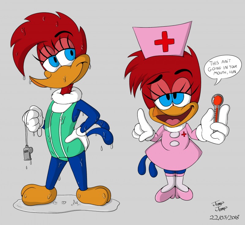 clothing costume female looking_at_viewer medical_instrument medical_thermometer multiple_poses nurse one-piece_swimsuit pose rectal_thermometer scientific_instrument solo swimwear thermometer weather_instrument wet jumpjump the_woody_woodpecker_show universal_studios winnie_woodpecker avian bird picid woodpecker 2018 hi_res