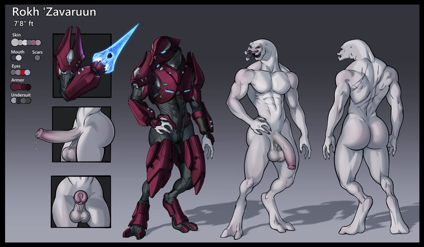 2_thumbs abs anthro armor balls biceps big_balls big_butt big_penis biped black_border bodily_fluids bodysuit border bubble_butt butt cape claws clothed clothing deltoids digitigrade dripping energy_dagger erection eye_scar facial_scar finger_claws fingers flaccid front_view genital_fluids genitals glans hand_on_hip headgear helmet huge_penis hybrid_genitalia hybrid_penis looking_at_viewer male mandibles muscular muscular_anthro muscular_male muscular_thighs nude open_mouth pale_skin pecs penis precum precum_drip pupils quads red_body red_eyes sackless saggy_balls scar science_fiction shadow simple_background skinsuit slit_pupils solo standing teeth text thick_penis thick_thighs tight_clothing warrior weapon interstellarmachine halo_(series) microsoft xbox_game_studios rokh_'zavaruun alien humanoid sangheili absurd_res hi_res model_sheet multiple_images