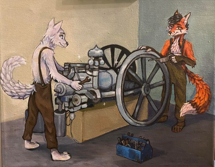 alternative_fashion anthro duo engine machine male male/male steampunk adyquail shadel_fox wolfdog_whitewolf canid canine canis fox hybrid mammal red_fox true_fox wolf wolfdog