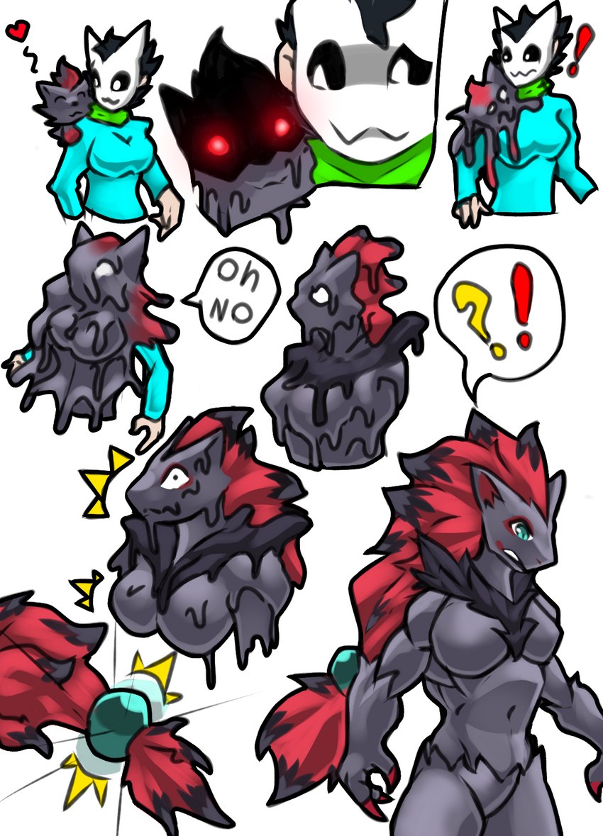 ambiguous_gender anthro black_sclera blue_eyes duo female glistening glistening_eyes goo_transformation heart_symbol human_to_anthro latex mask merging pokemorph red_eyes simple_background species_transformation transformation white_eyes x-monic nintendo pokemon fan_character generation_5_pokemon human mammal pokemon_(species) zoroark zorua comic hi_res