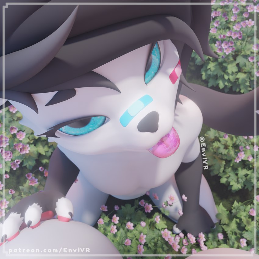 anthro band-aid bandage black_body black_fur black_hair black_nose blep blue_eyes eyelashes flower fur grass hair kneeling looking_at_viewer male plant smug solo tongue tongue_out white_body white_fur envivr blender_cycles caracal caracal_(genus) felid feline mammal 3d_(artwork) absurd_res blender_(artwork) digital_media_(artwork) hi_res