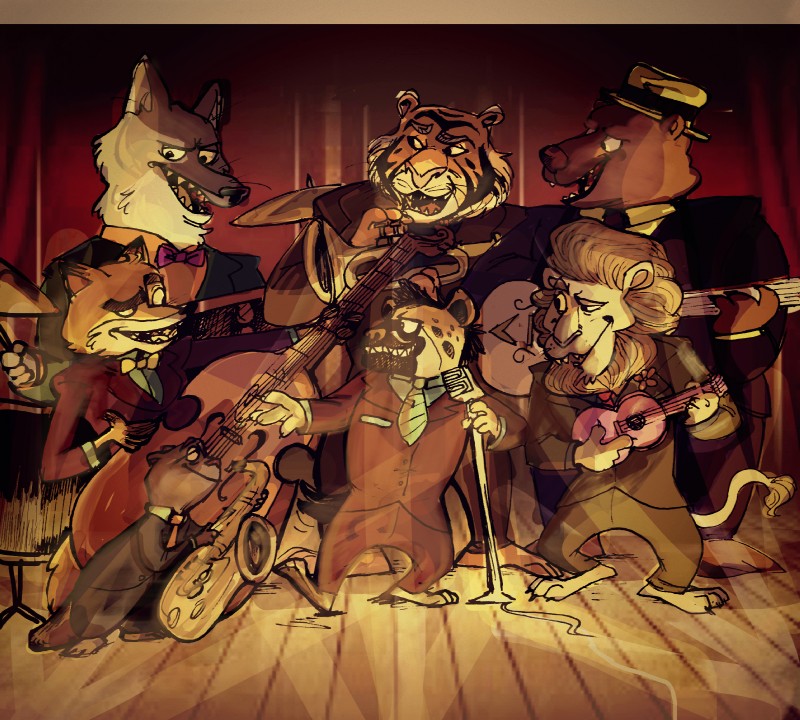 alto_saxophone anthro bass_guitar bowed_string_instrument brass_instrument cymbals double_bass drum drum_set electronics group guitar jazz_band lute male microphone music musical_instrument percussion_instrument plucked_string_instrument saxophone string_instrument trumpet ukulele wind_instrument woodwind_instrument nicolaswildes_(artist) disney zootopia bear canid canine canis felid fox hyena lion mammal mustelid otter pantherine spotted_hyena tiger wolf hi_res