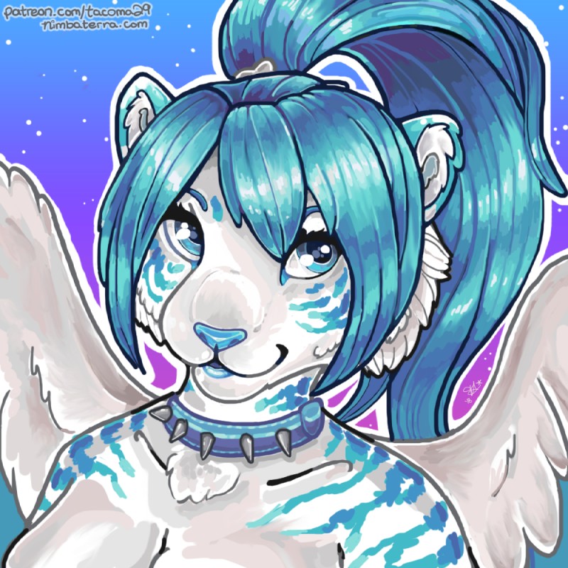 accessory anthro blue_background blue_body blue_collar blue_eyes blue_fur blue_hair blue_lips blue_nose blue_stripes breasts casual_nudity cheek_tuft chest_tuft cloud collar collar_only eyebrows eyelashes facial_tuft feathered_wings feathers female front_view fur glistening glistening_eyes glistening_hair gradient_background hair hair_accessory hair_tie inner_ear_fluff light lips long_hair looking_aside looking_at_viewer makeup mascara medium_breasts multicolored_body multicolored_fur night nude ponytail purple_background shadow simple_background sky smile snout solo spiked_collar spikes spread_wings star starry_sky striped_body striped_fur stripes text tuft two_tone_body two_tone_fur white_body white_feathers white_fur wings tacoma tacoma_(character) angel felid hybrid mammal pantherine tiger 1:1 2018 bust_portrait digital_media_(artwork) digital_painting_(artwork) icon portrait signature url