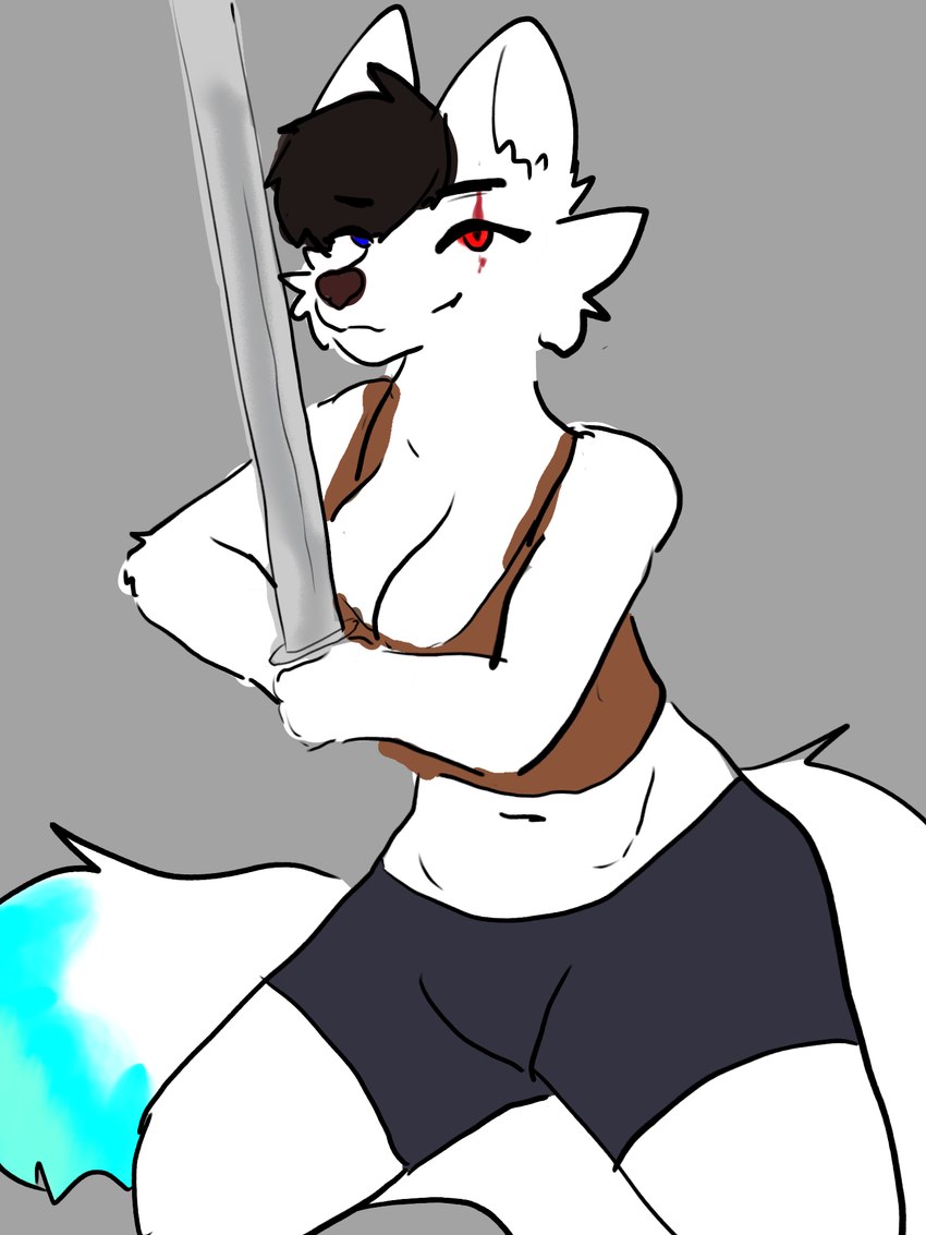 anthro black_bottomwear black_clothing black_hair black_shorts blue_eyes blue_tail_tip bottomwear brown_clothing brown_topwear clothing crossgender dipstick_tail eye_scar facial_scar female fur hair heterochromia markings melee_weapon mtf_crossgender red_eyes scar shorts solo sword tail tail_markings topwear weapon white_body white_fur ralseibutbigger danny_smoke_in_furry_land marshall_the_wolf canid canine canis mammal wolf 3:4 hi_res