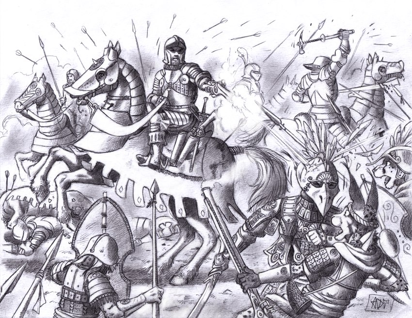 5_fingers accessory ambiguous_gender anthro armor arrow_(weapon) arrowed battle besagew biped blood blood_drip bodily_fluids boots bridle clothing couter dripping ear_piercing ear_ring ear_tuft eyes_closed fangs faulds feral fingers footwear fur gauntlets gloves gorget group gun halter hammer handgun handwear headband headgear helmet holding_gun holding_handgun holding_melee_weapon holding_object holding_pistol holding_polearm holding_ranged_weapon holding_reins holding_rifle holding_shield holding_spear holding_weapon holster hooves horse_armor lamellar_armor lying lying_on_ground male markings melee_weapon motion_lines muzzle_flash on_ground on_hind_legs open_mouth outside pauldron piercing pistol plate_armor plume polearm poleyn powder_horn quadruped ranged_weapon ricochet riding_horse rifle ring_piercing saddle scabbard scarf shadow shield shoes shooting shooting_gun smoke spaulder spear spots spotted_body spotted_fur stab standing stirrups sword tail tassets teeth tongue tools tuft vambrace warhammer weapon 0laffson nur_(0laffson) rahan_(0laffson) caracal caracal_(genus) equid equine felid feline horse human mammal 2025 graphite_(artwork) hi_res monochrome signature traditional_media_(artwork) father_(lore) father_and_child_(lore) father_and_son_(lore) parent_(lore) parent_and_child_(lore) parent_and_son_(lore) son_(lore)
