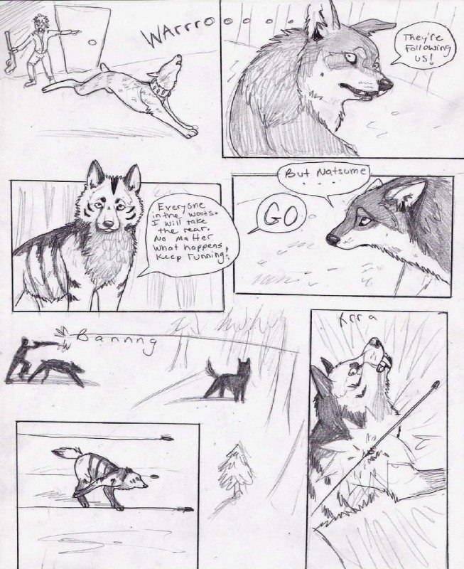 ambiguous_gender animal_genitalia clothed clothing dialogue digitigrade feral fur genitals group male quadruped sheath tail text natsumewolf rikku wolf's_rain wolf's_rain_next_generation coop_(wrng) natsume_(wrng) oz_(wrng) canid canine canis human mammal wolf comic english_text graphite_(artwork) greyscale monochrome traditional_media_(artwork)