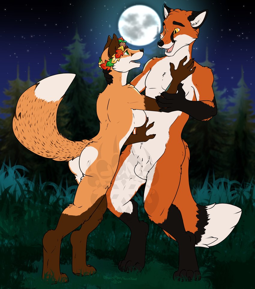 4_toes 5_fingers anthro anthro_on_anthro balls black_nose breasts butt claws duo fangs feet female finger_claws fingers forest full_moon fur genitals gloves_(marking) hindpaw humanoid_hands leg_markings male male/female markings moon multicolored_body multicolored_fur nature night nipples nude nude_anthro nude_female nude_male open_mouth open_smile orange_body orange_fur outdoor_nudity outside paws plant smile socks_(marking) standing tail teeth toe_claws toes tree two_tone_body two_tone_fur white_body white_fur wreath conditional_dnp oli_snowpaw corwin_(fenrirsblood) sylphia_(fenrirsblood) canid canine fox mammal 2024 absurd_res hi_res story story_in_description