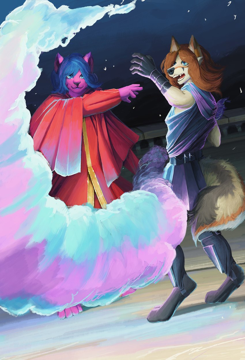 anthro armor black_body black_fur blue_eyes blue_hair bracers brown_hair clothing cloud digitigrade duo female female/female fingerless_gloves fur gloves glowing grey_body grey_fur hair handwear magic night open_mouth painting purple_body purple_fur red_body red_fur robe romantic romantic_couple star stone_wall wall_(structure) white_body white_fur wizard_robe dar-kuu ally_cat_(character) nova_era canid canine domestic_cat felid feline felis fox grey_fox hybrid mammal urocyon hi_res