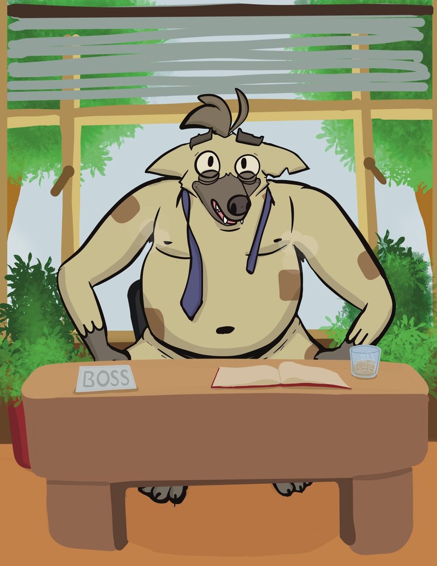 anthro belly brown_body detailed_background male mature_male musk necktie open_mouth overweight overweight_male sitting solo hilthyena twende_(series) boss_(twende) hyena mammal 2025 hi_res