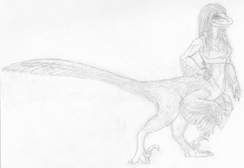 biped bipedal_taur bottomless bottomless_female bottomless_taur breasts clothed clothing digitigrade feathers female hand_on_hip medium_breasts pseudo_hair simple_background solo standing topwear topwear_only white_background chukchi_husky dinosaur dinosaur_taur dromaeosaurid dromaeosaurid_taur prehistoric_species reptile reptile_taur scalie scalie_taur taur theropod theropod_taur velociraptor velociraptor_taur full-length_portrait graphite_(artwork) greyscale hi_res monochrome portrait traditional_media_(artwork)