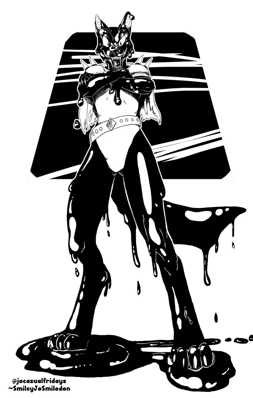 anthro black_goo clothed clothing dripping female fur goo_drip latex looking_at_viewer looking_down looking_down_at_viewer perspective_shot slime solo tar pantsu_smiley slimefur canid canine canis domestic_dog goo_creature mammal hi_res monochrome