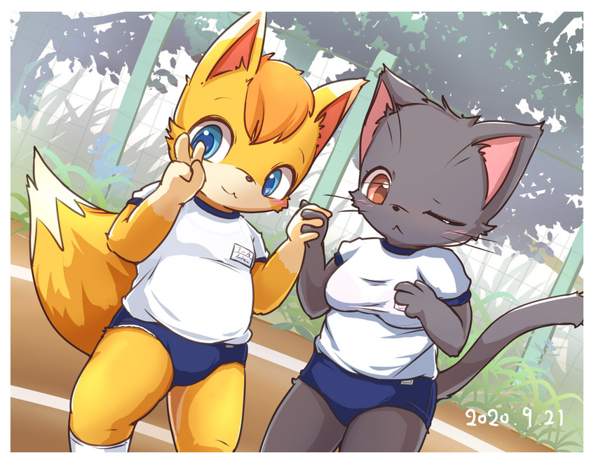 anthro athletic_wear blue_eyes blush clothing duo female footwear fur gesture grey_body grey_fur gym_uniform hand_gesture hand_holding kemono one_eye_closed outside slightly_chubby socks topwear uniform v_sign whiskers yellow_body yellow_fur young young_anthro mei_(artist) canid canine domestic_cat felid feline felis fox mammal 2020