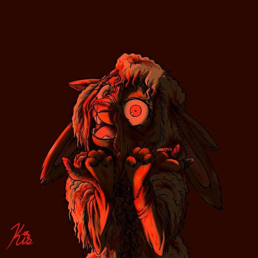 4_fingers animal_skin anthro blood blood_on_face blood_on_fur bodily_fluids buckteeth covered_in_blood crazy_eyes creepy ears_down female fingers fur fur_coat gore hooves insane looking_at_viewer maniacal mutilated mutilation nightmare_fuel open_mouth pivoted_ears red_lighting simple_background smile solo stitch_(sewing) teeth wide_eyed wool_(fur) unknown_artist disney zootopia dawn_bellwether fan_character lagomorph leporid mammal rabbit 1:1 shaded