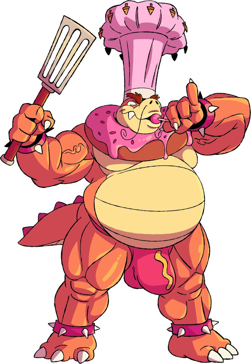 anthro belly big_bulge bulge candy chef_hat clothing dessert food hat headgear headwear lollipop male musclegut muscular muscular_arms muscular_legs old_design pecs solo spatula thong tools underwear tderek99 kings_of_hell gula_(kings_of_hell) demon imp scalie absurd_res hi_res