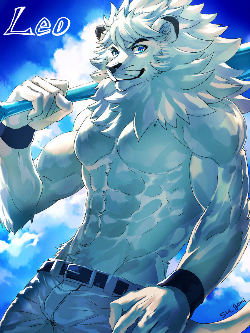 5_fingers abs anthro baseball_bat bat_(object) black_whiskers blue_eyes blue_sky bottomwear clothed clothing cloud fingers fur holding_object male mane mascot muscular muscular_anthro pants sky solo topless whiskers white_body white_bottomwear white_clothing white_fur white_mane white_pants wristband sky_gomi nippon_professional_baseball saitama_seibu_lions leo_(saitama_seibu_lions) felid lion mammal pantherine 3:4 hi_res