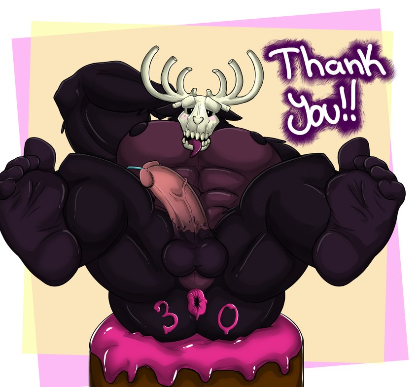 5_toes anthro antlers anus anus_outline aroused balls biceps big_muscles black_body black_fur bone butt cake candle_in_penis dessert ears_down fangs feet flexing flexing_bicep food food_fetish foot_fetish foot_focus frosting frosting_on_butt fur genitals horn huge_muscles humanoid_feet male muscular muscular_anthro muscular_legs muscular_male nipples pecs penis pivoted_ears plantigrade purple_body purple_fur skull skull_head solo spread_anus spreading teeth toes tongue tongue_out vein veiny_penis athan_the_monster bobthewendigo american_mythology indigenous_north_american_mythology mythology north_american_mythology bob_(athan_the_monster) monster wendigo hi_res