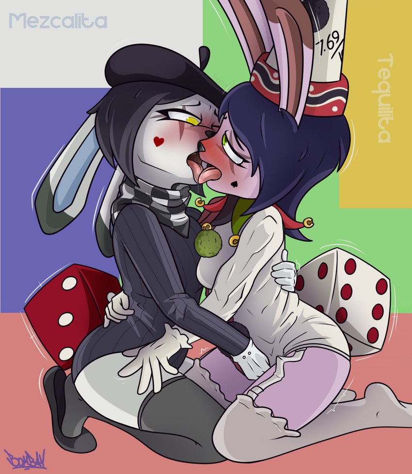 anthro clothing clown duo female female/female fool's_hat french_kissing hat headgear headwear kissing mexcalita_(bombay) mime rubbing_pussy tequilita_(bombay) tongue tongue_out bombay_(artist) lagomorph mammal hi_res incest_(lore) sibling_(lore) sister_(lore) sisters_(lore)