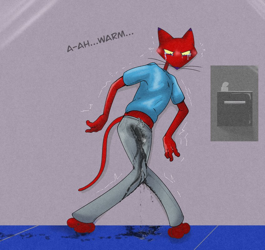 anthro blush bodily_fluids bottomwear bulge clothing detailed_bulge dialogue drinking_fountain genital_fluids genital_outline male omorashi pants pee_desperation pee_stains peeing penis_outline public_urination shaking solo sweatpants tears urine urine_on_ground urine_on_self wet wet_clothing wetting wetting_bottomwear illegaleel cartoon_network courage_the_cowardly_dog katz_(courage_the_cowardly_dog) felid mammal hi_res