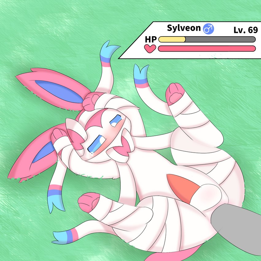 anal anal_penetration anus balls bdsm blush bondage bound feral genitals male male/male male_penetrated open_mouth penetration penis pink_penis ribbons simple_background solo_focus rael nintendo pokemon eeveelution generation_6_pokemon pokemon_(species) sylveon 1:1 hi_res