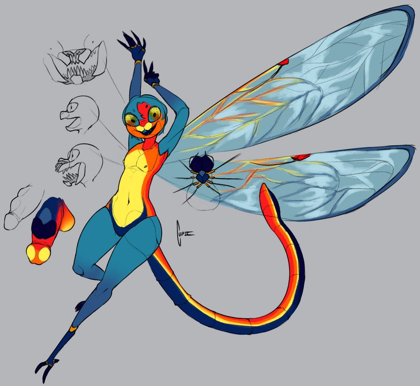 anthro balls claws fangs genitals long_tail male nipples penis solo tail teeth wings cupic arthropod dragonfly insect hi_res