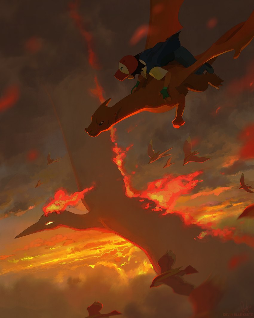 ambiguous_feral ambiguous_gender cloud day detailed_background feral fire flying group outside sky sunset tail tamberella mythology nintendo pokemon ash_ketchum pokemon_trainer avian charizard dragon generation_1_pokemon human legendary_pokemon mammal moltres mythological_creature mythological_scalie pidgeot pokemon_(species) scalie 2021 4:5 digital_media_(artwork) hi_res shaded