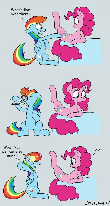 dialogue fake_orgasm female female/female feral implied_oral text water wet strebiskunk friendship_is_magic hasbro my_little_pony pinkie_pie_(mlp) rainbow_dash_(mlp) equid equine horse mammal pony comic english_text hi_res