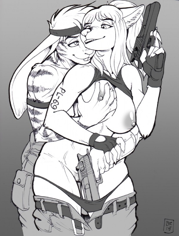 anthro bad_trigger_discipline bottomwear bottomwear_down breast_grab breasts buckteeth clothed clothing clothing_pull desert_eagle duo female fingerless_gloves genitals gloves grabbing_from_behind gun hair hand_on_breast handgun handwear holding_gun holding_object holding_ranged_weapon holding_weapon inner_ear_fluff looking_back male male/female navel nipples panties panties_down pants pants_down panty_pull partially_clothed pistol ponytail pussy raised_clothing raised_shirt raised_topwear ranged_weapon shirt simple_background smile teeth topless topwear trigger_discipline tuft underwear underwear_down underwear_pull weapon max_blackrabbit canid canine fox lagomorph leporid mammal rabbit 2018 digital_media_(artwork) greyscale hi_res mixed_media monochrome pen_(artwork) traditional_media_(artwork)