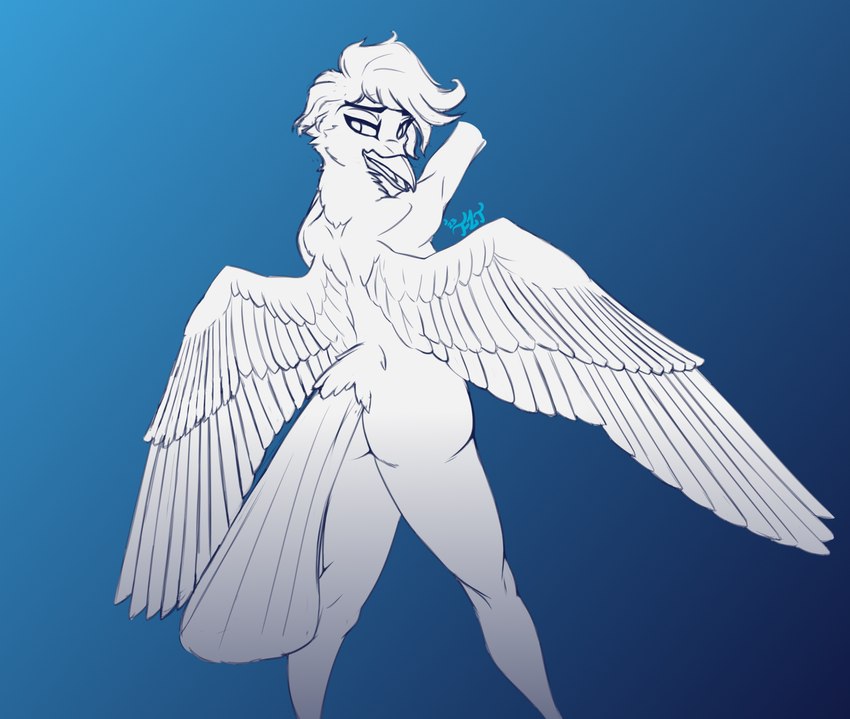 anthro beak feathers female fur hair muscular muscular_thighs nude open_mouth short_hair simple_background solo tail tail_feathers wings firstletterj avian bird oscine passerine robin_(bird) thrush_(bird) digital_media_(artwork) hi_res signature sketch