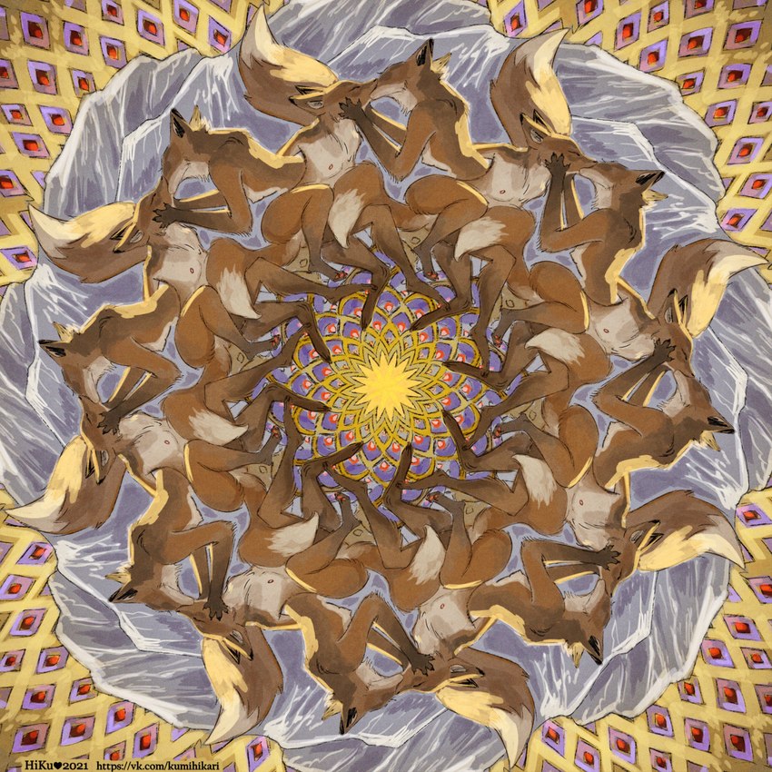 abstract_background anthro black_claws breasts brown_body brown_fur claws digitigrade dipstick_tail eyes_closed female fur gloves_(marking) group hand_on_face heart_symbol kissing leg_markings mandala mandala_background markings nipples nude pawpads pink_nipples pink_pawpads socks_(marking) tail tail_markings text hi-ku canid canine fox mammal 1:1 2021 artist_name hi_res url