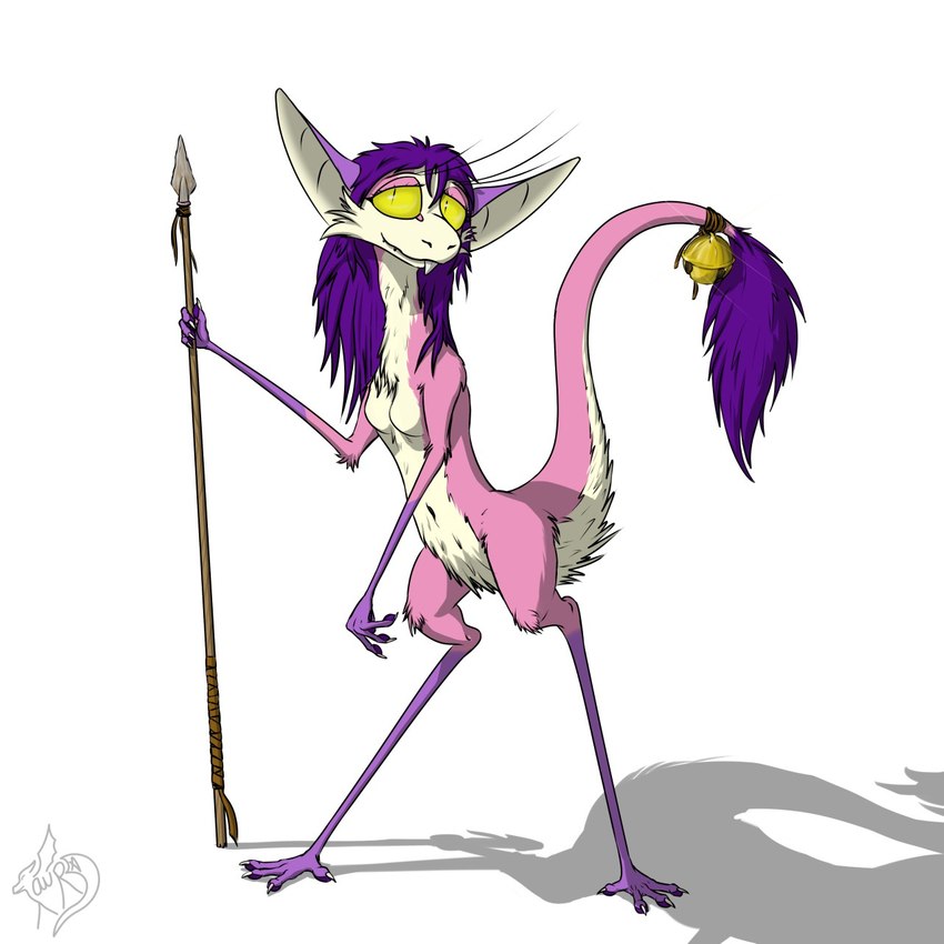 accessory anthro bell breasts chest_tuft featureless_breasts female fur furgonomics hair holding_melee_weapon holding_object holding_polearm holding_spear holding_weapon looking_at_viewer melee_weapon multicolored_body multicolored_fur nude pink_body pink_fur polearm pupils purple_hair simple_background slit_pupils small_breasts smile solo spear standing tail tail_accessory tail_bell tail_tuft tuft two_tone_body two_tone_fur weapon white_background yellow_eyes tersethra out-of-placers mammal yinglet 1:1 2018 digital_media_(artwork) hi_res