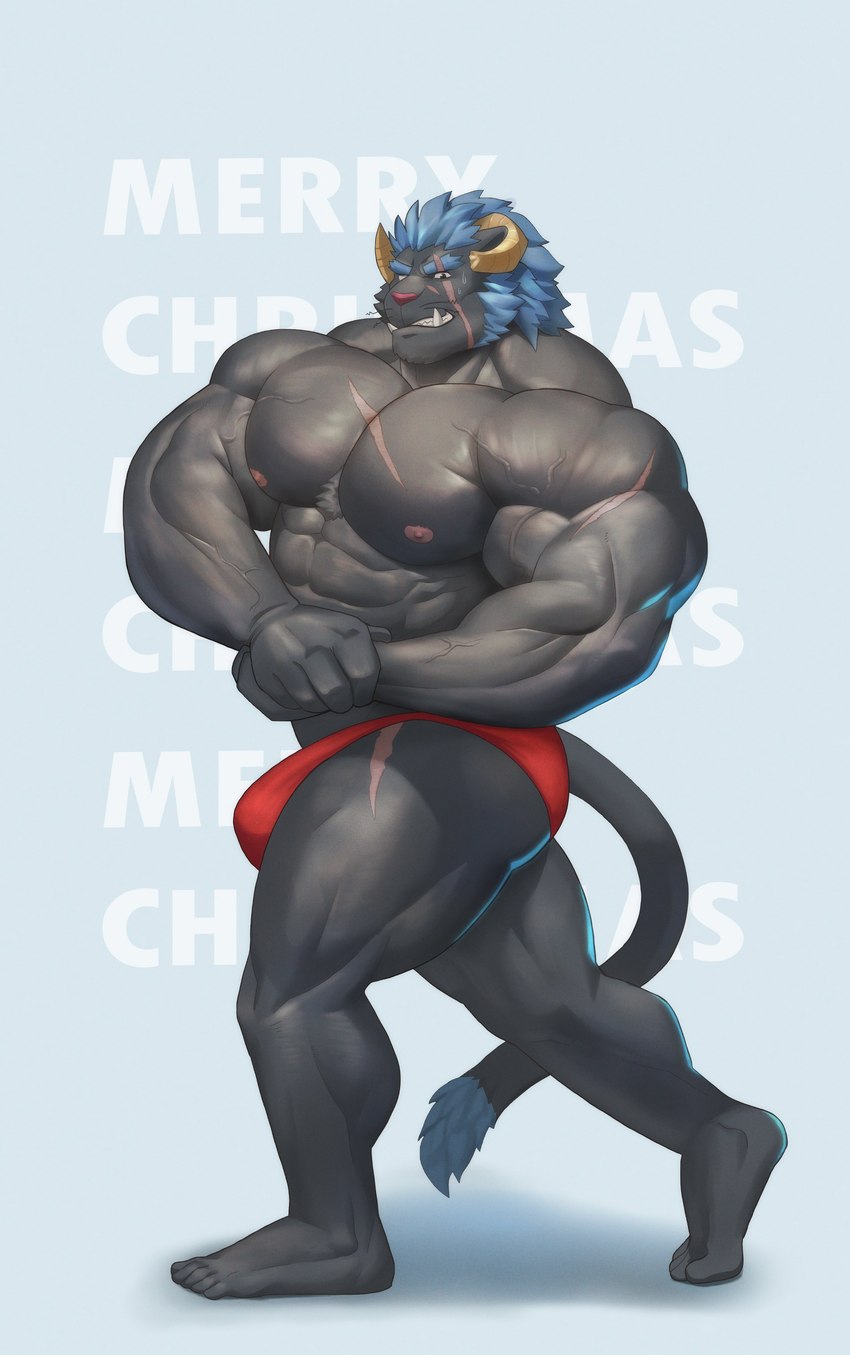 5_fingers 5_toes abs anthro barazoku barefoot biceps big_muscles black_body blue_hair bodily_fluids briefs brown_horn bulge clothed clothing eyebrows feet fingers flexing fur grey_body grey_eyes grey_fur grin hair horn huge_muscles humanoid_feet humanoid_hands male melanistic muscular muscular_anthro muscular_male nipples pecs pink_nipples pink_nose plantigrade pose scar smile solo standing sweat sweatdrop thick_eyebrows toes topless tusks underwear vein veiny_muscles whiskers kusunagi lifewonders tokyo_afterschool_summoners krampus_(tas) demon felid feline mammal pantherine 2021 absurd_res hi_res