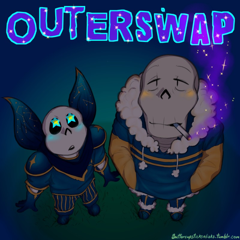 alternate_universe blush bone cigarette clothing duo male not_furry skeleton smoking star_eyes text unknown_artist outerswap outertale underswap undertale undertale_(series) papyrus_(underswap) papyrus_(undertale) sans_(underswap) sans_(undertale) animated_skeleton humanoid undead 1:1 english_text hi_res url