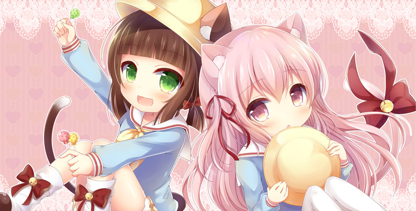 bell candy clothing dessert duo female food hat headgear headwear heart_symbol lollipop ribbons shy young young_female young_humanoid yukiyuki_441 azur_lane kisaragi_(azur_lane) mutsuki_(azur_lane) animal_humanoid cat_humanoid felid felid_humanoid feline feline_humanoid humanoid mammal mammal_humanoid hi_res