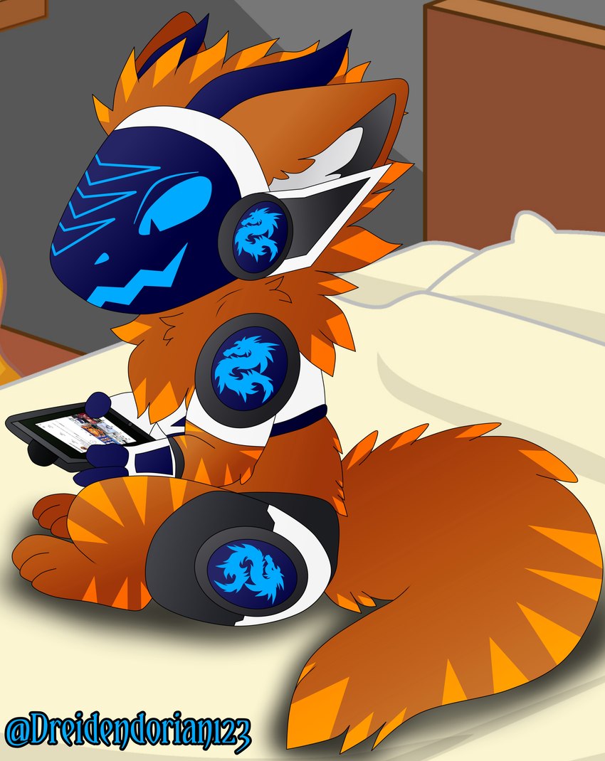 anthro bed bedroom chibi furniture machine male protogen_visor smile solo dreiden dreiden_dorian protogen absurd_res hi_res