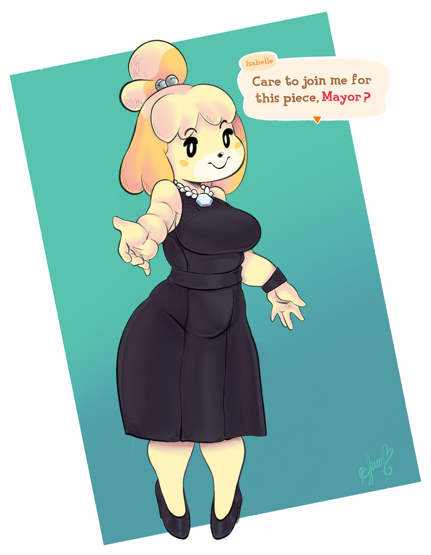 anthro big_breasts breasts clothing collar dress female footwear high_heels jewelry looking_at_viewer shoes slightly_chubby smile smiling_at_viewer solo speech_bubble text wristband panthera_cantus animal_crossing nintendo isabelle_(animal_crossing) canid canine canis domestic_dog mammal absurd_res english_text hi_res