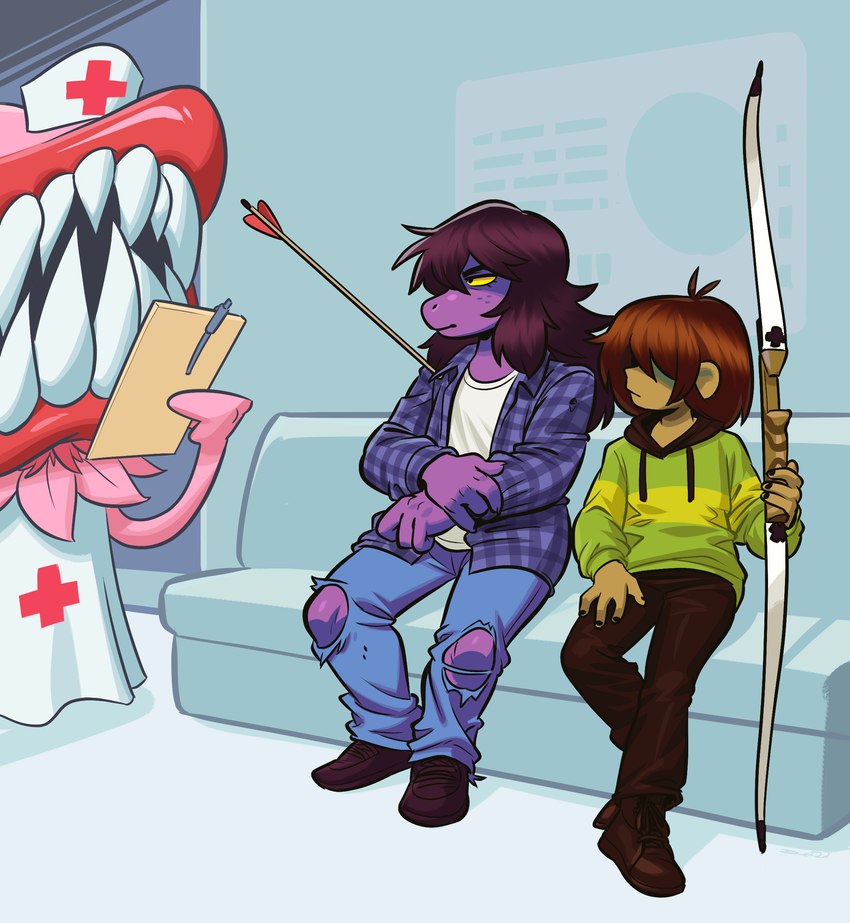 4_fingers ambiguous_gender anthro arrow_(weapon) arrowed bow_(weapon) checkered checkered_clothing clothed clothing death_stare detailed_background female fingers freckles group hair hospital humor inside looking_at_another male nurse patient pattern_clothing ranged_weapon sharp_teeth sitting teeth trio waiting waiting_room weapon wounded angusburgers deltarune undertale_(series) kris_(deltarune) red_big_mouth_(deltarune) susie_(deltarune) human mammal scalie 2022 absurd_res digital_media_(artwork) hi_res