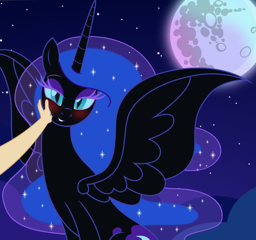 black_body blue_eyes blush cutie_mark duo ethereal_hair ethereal_tail eyeshadow female feral full_moon horn looking_at_viewer makeup moon night offscreen_character petting pupils purple_eyeshadow slit_pupils smile sparkles star touching_cheek wings badumsquish friendship_is_magic hasbro my_little_pony mythology nightmare_moon_(mlp) equid equine human mammal mythological_creature mythological_equine winged_unicorn blue_theme hi_res