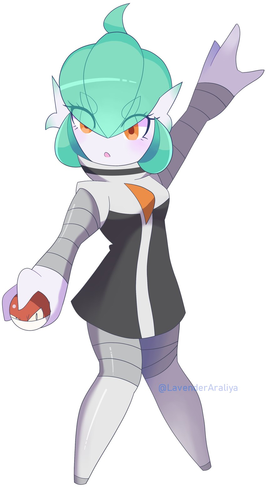 3_fingers ahoge clothing costume eye_through_hair female fingers green_hair hair not_furry open_mouth orange_eyes pose simple_background solo translucent translucent_hair white_background lavenderaraliya nintendo pokemon team_galactic galactic_grunt grunt_(pokemon) lavy_(lavenderaraliya) gardevoir generation_1_pokemon generation_3_pokemon pokemon_(species) voltorb 2020 absurd_res hi_res signature