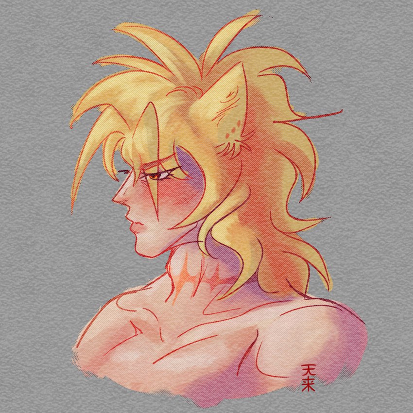 blonde_hair ear_markings eyebrows eyelashes grey_background hair light_body light_skin male neck_scar not_furry shirtless_male simple_background solo rhapsody_tenrai jojo's_bizarre_adventure dio_brando animal_humanoid cat_humanoid felid felid_humanoid feline feline_humanoid humanoid mammal mammal_humanoid 1:1 2023 bust_portrait digital_drawing_(artwork) digital_media_(artwork) hi_res portrait signature