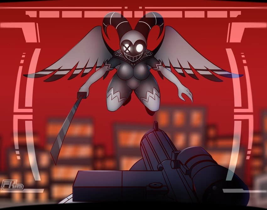 big_breasts black_body breasts detailed_background feathers female glowing glowing_eyes grey_body grey_feathers gun holding_object holding_weapon horn looking_at_viewer melee_weapon open_mouth open_smile ranged_weapon smile solo sword thick_thighs weapon wings x_eye fkimnsfw hazbin_hotel exorcist_(hazbin_hotel) angel angel_humanoid humanoid hi_res