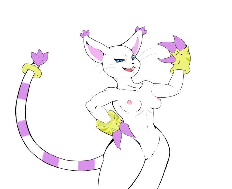 anthro biped breasts ear_tuft female fur genitals hand_on_hip looking_at_viewer nipples nude pose pussy small_breasts solo standing tuft white_body white_fur wide_hips rheumatism bandai_namco digimon digimon_(species) felid gatomon mammal