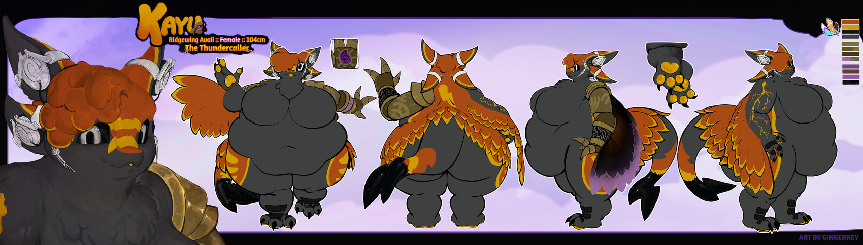 3_fingers 3_toes 4_ears anthro belly big_belly big_breasts black_arms black_belly black_body black_breasts black_claws black_feathers black_inner_ear black_legs black_sclera black_scutes black_tail_tip black_tuft black_wings blue_body blue_feathers breasts chest_tuft claws color_swatch dipstick_tail electricity energy_wings feather_hair feather_tuft feathered_wings feathers feet female female_anthro finger_claws fingers front_view furgonomic_headphones furgonomics hair hair_over_eye hand_pawpads huge_belly huge_breasts lightning lightning_bolt lightning_tail looking_at_viewer magic_crystal magic_user markings mechanical_arm midriff multi_ear navel non-mammal_breasts non-mammal_navel nude nude_anthro nude_female obese obese_anthro obese_female orange_body orange_ears orange_feathers orange_wings overweight overweight_anthro overweight_female pawpads pseudo_hair purple_body purple_feathers purple_wings rear_view red_body red_feathers scuted_feet scuted_hands scutes side_view solo tail tail_crystal tail_markings tan_body tan_feathers toe_claws toes tuft unusual_anatomy unusual_wings white_eyes winged_arms wings yellow_body yellow_feathers yellow_mouth yellow_pawpads gingerrey kayu_(wyldfyrteam) avali avian absurd_res bust_portrait hi_res portrait female_(lore)