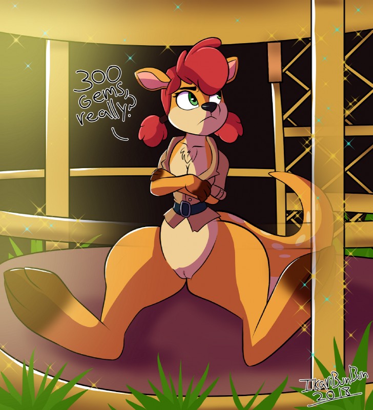 anthro big_butt bottomless butt clothed clothing female fur genitals green_eyes hair nude presenting pussy red_hair solo ikaribunbun activision spyro_reignited_trilogy spyro_the_dragon sheila_(spyro) kangaroo macropod mammal marsupial digital_media_(artwork) hi_res