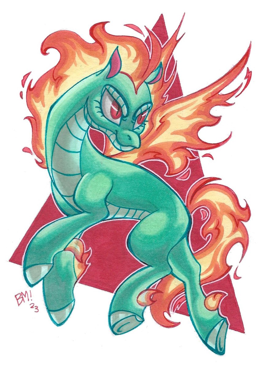 cloven_hooves female feral fire flaming_hair flaming_tail flaming_wings green_body green_hooves green_scales hooves pseudo_hair pupils quadruped red_eyes scales slit_pupils smile solo tail unusual_anatomy unusual_wings wings bananameteor asian_mythology chinese_mythology east_asian_mythology mythology them's_fightin'_herds tianhuo_(tfh) dragon hybrid longma mythological_creature mythological_equine mythological_scalie scalie 2023 full-length_portrait hi_res portrait signature traditional_media_(artwork)