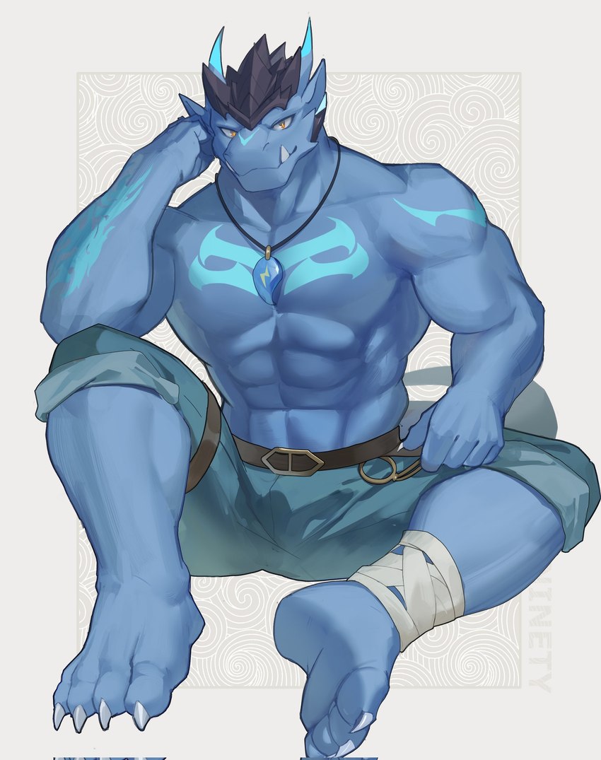 abs anthro belt biceps blue_bottomwear blue_clothing blue_horn blue_pants blue_tattoo border bottomwear brown_belt claws clothing elbow_on_knee fangs fingers hand_on_head horn jewelry looking_at_viewer male muscular muscular_anthro muscular_male necklace orange_eyes pants pendant simple_background sitting solo tattoo teeth white_background white_border white_claws ninety_xc blue_dragon_(kutedragon) artist_name hi_res