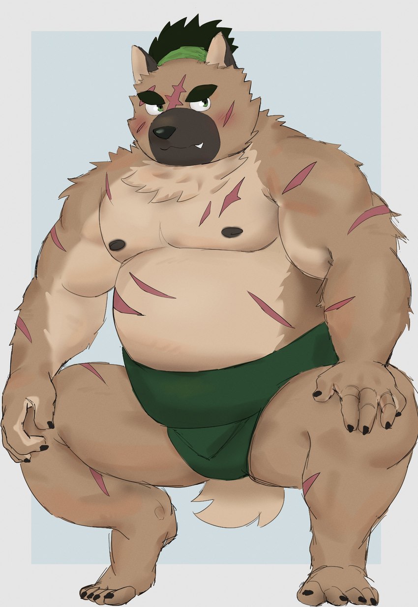 anthro asian_clothing belly blush brown_body brown_fur bulge clothing crouching east_asian_clothing eyebrows facial_scar fur japanese_clothing male mawashi musclegut muscular nipples pecs scar solo sumo_wrestler thick_eyebrows topknot ateeesta_92 lifewonders tokyo_afterschool_summoners yasuyori_(tas) canid canine canis domestic_dog mammal absurd_res hi_res